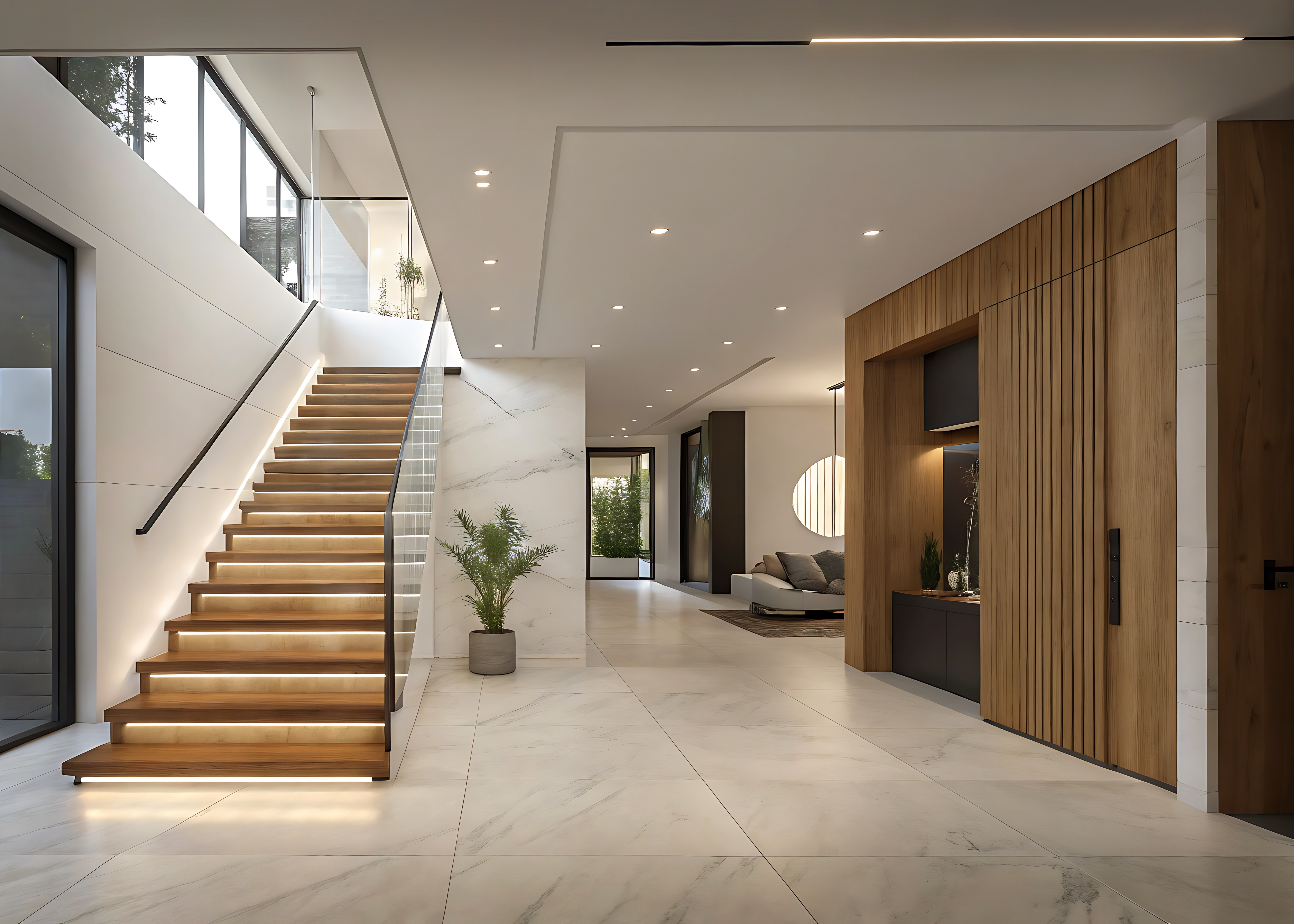 Calm luxury home interior with staircase, illustrating discreet lifestyle and household management support