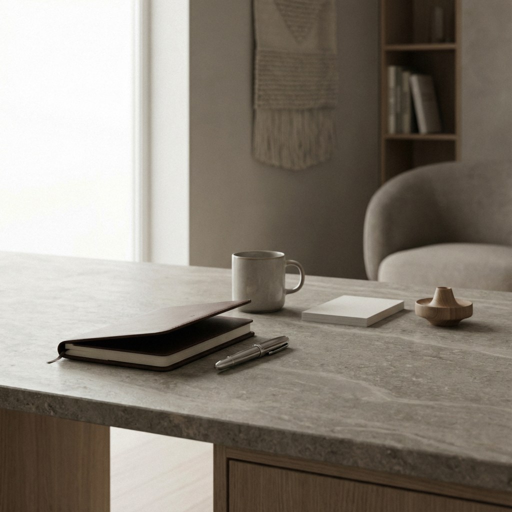 A calm, minimal executive office interior conveying discretion through restraint, order, and soft natural light.