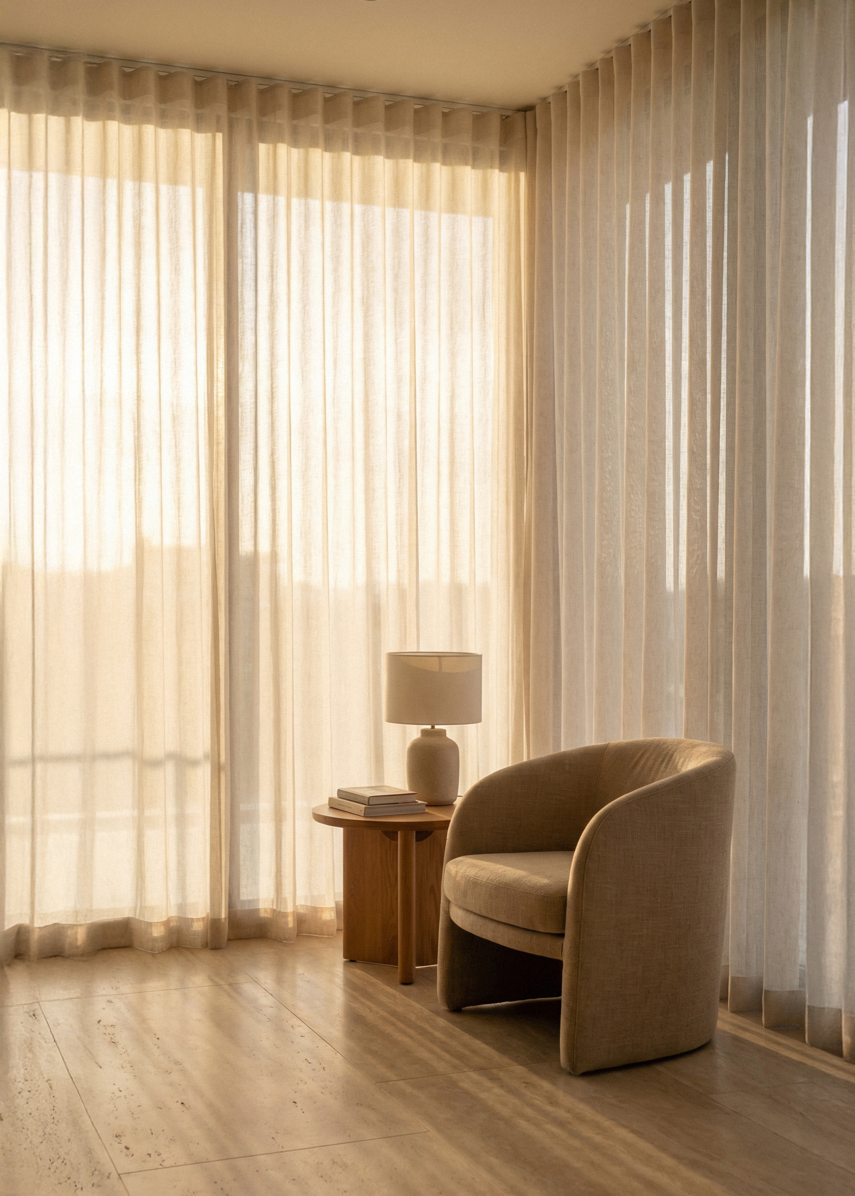 Soft morning light filtering through sheer curtains in a calm, neutral-toned interior with an armchair and side table