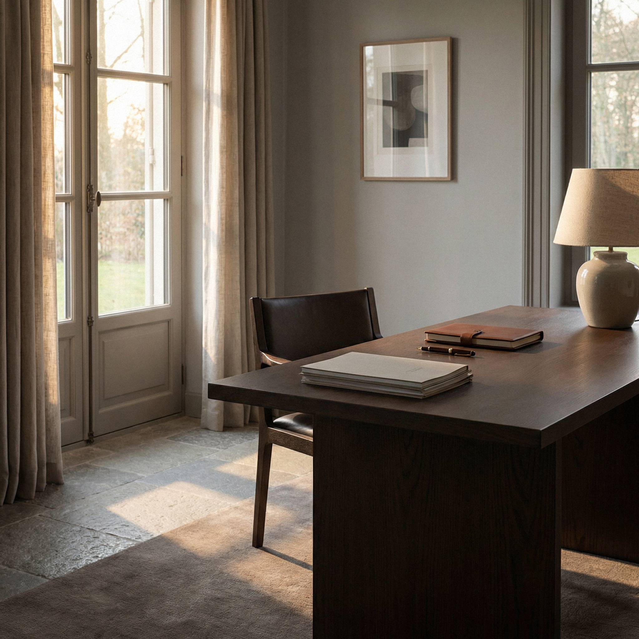 A calm, orderly private office interior representing executive continuity during a founder’s absence.