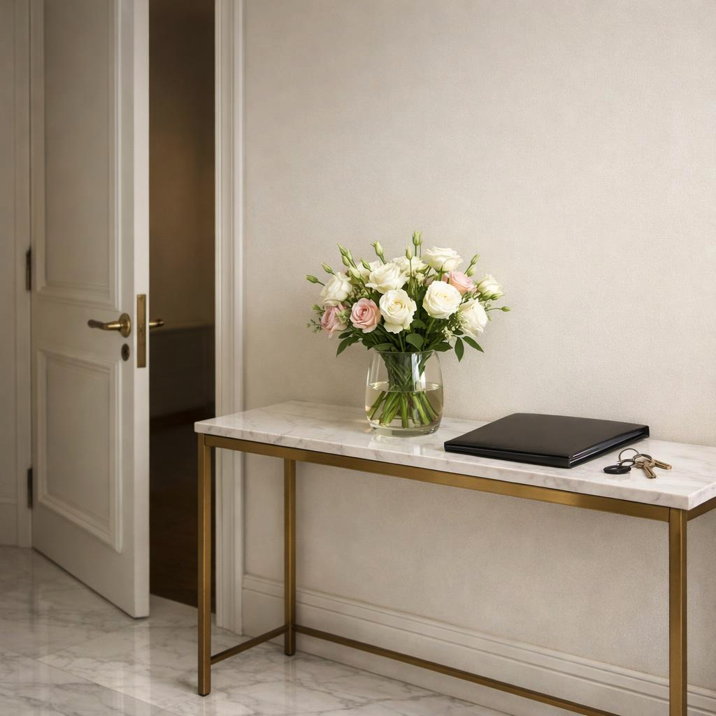 Keys and documents placed on a console table in a calm hallway, ready for home handover