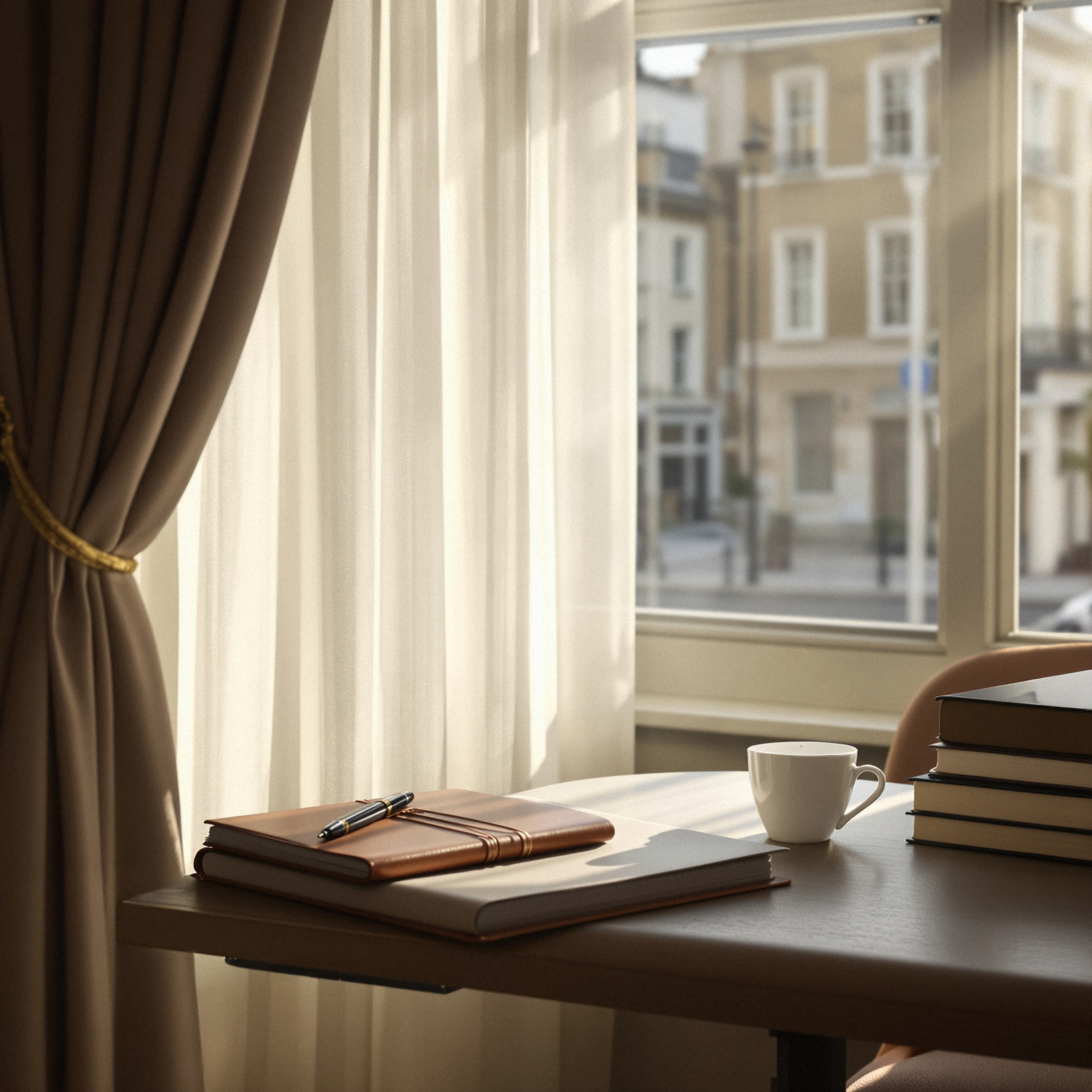 A neatly arranged desk by a window with notebooks, a pen and a coffee cup in soft daylight