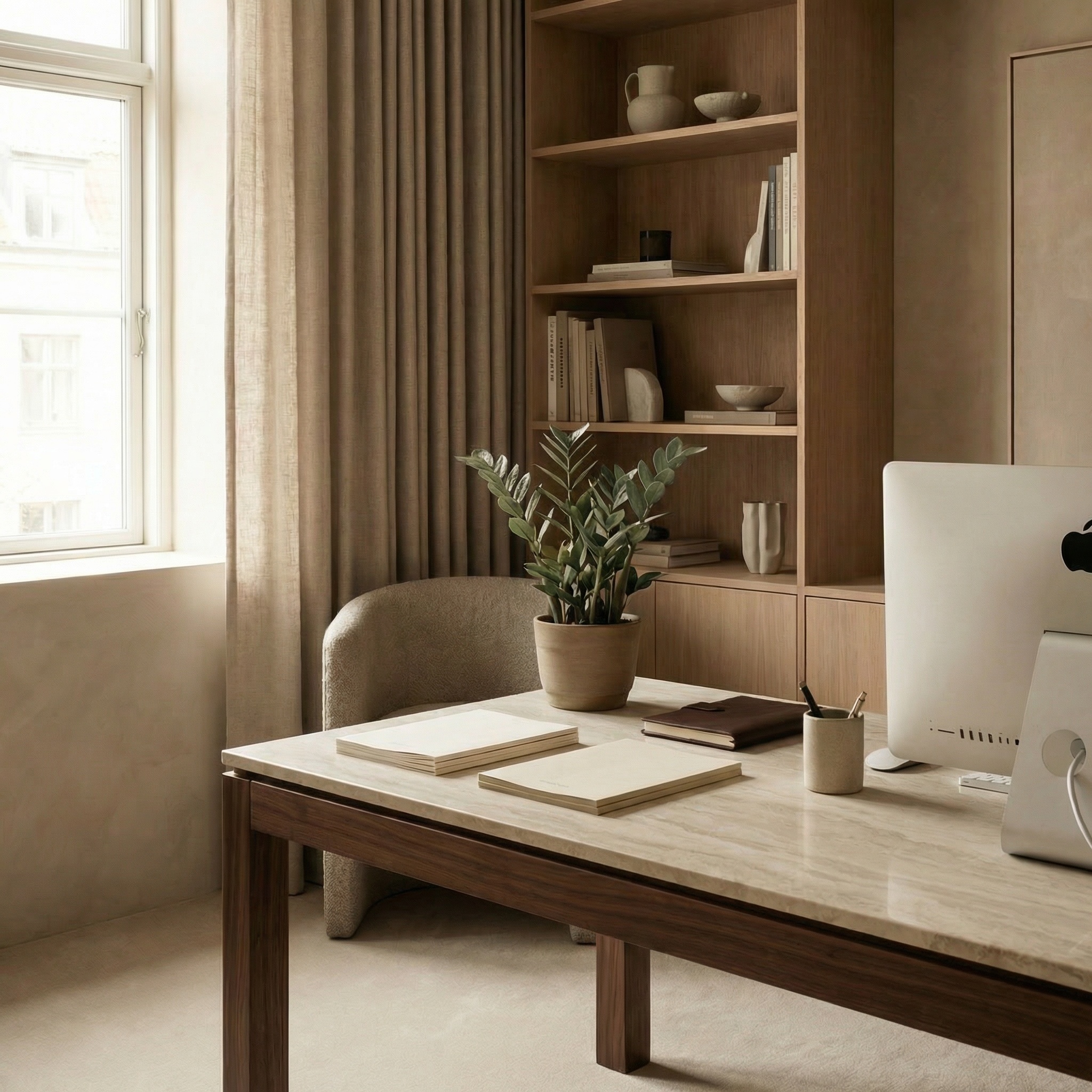 Private office workspace with marble desk, structured shelving, and muted greenery in warm natural light.