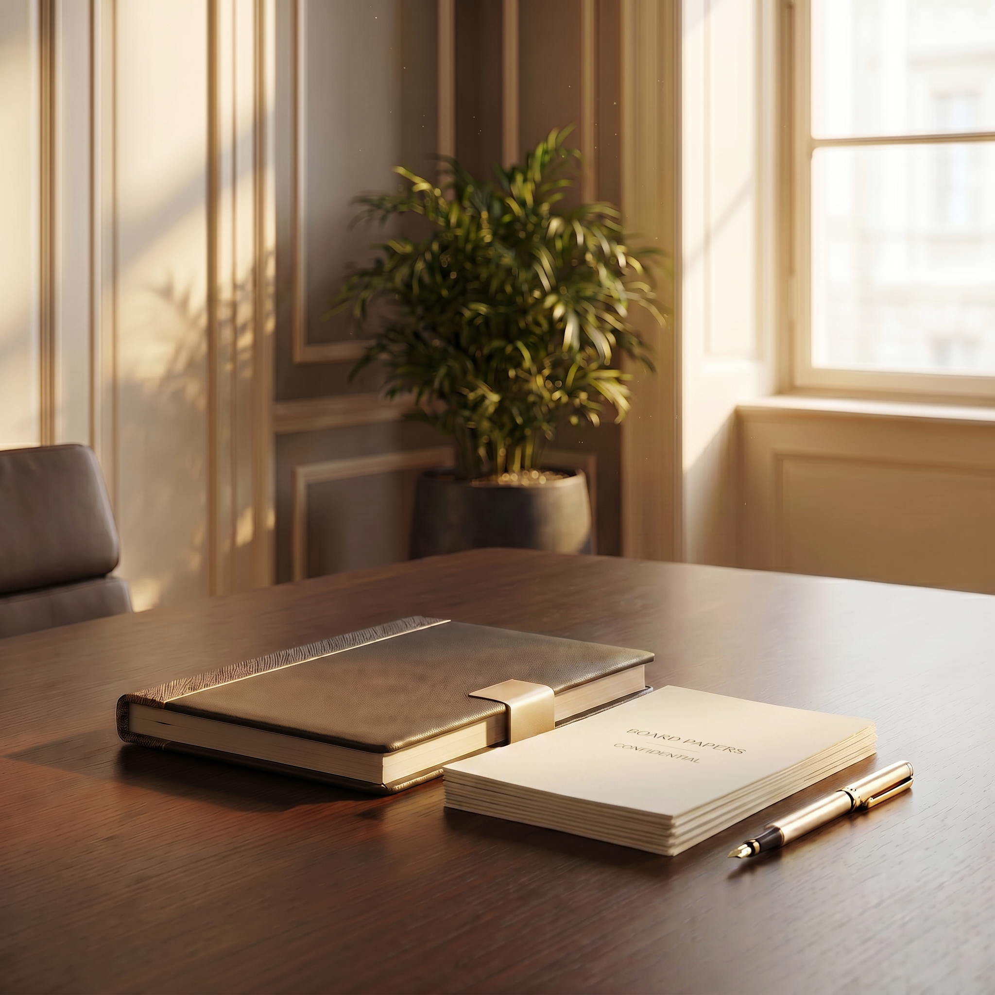 Investor ready business structure shown through a refined boardroom setting with papers, notebook and discreet operational oversight.